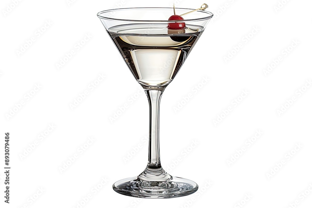 A martini glass filled with a clear liquid and garnished with a cherry on a toothpick A martini glass filled with a clear liquid and garnished with a cherry on a toothpick