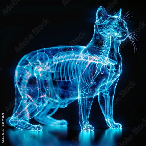 Wallpaper Mural Futuristic X-Ray Visualization of Cat's Skeleton in Blue Tones with Glowing Neon Lines - High Resolution Digital Rendering Concept Torontodigital.ca
