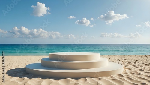 White circular platform on a sandy beach, overlooking the ocean.