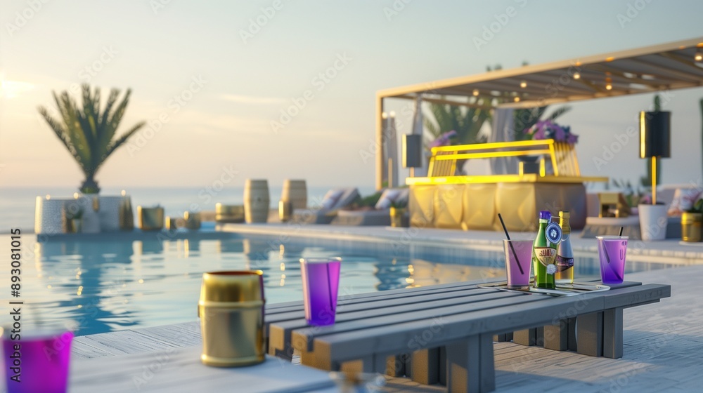 Minimalist poolside event with classy grey wooden benches, purple drinks, high-end food stall, and a state-of-the-art gold sound system by a beachside Minimalist poolside event with classy grey wooden benches, purple drinks, high-end food stall, and a state-of-the-art gold sound system by a beachside