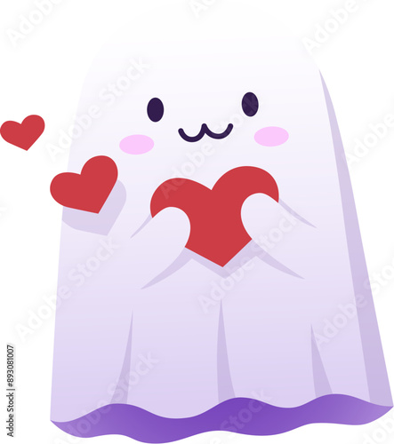 Halloween kawaii ghost character clutching a heart. Isolated cartoon vector charming baby spook express love emotion with a playful innocence, blending spooky with the adorable enchanting display