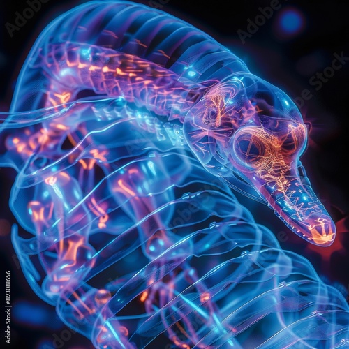 Futuristic Cyberpunk X-Ray Illustration of Platypus Skeleton in Neon Blue and Pink with High Detail photo