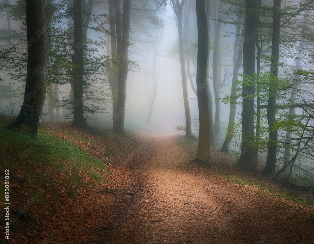 Obraz premium Pathway through the forest in a foggy morning. Landscape