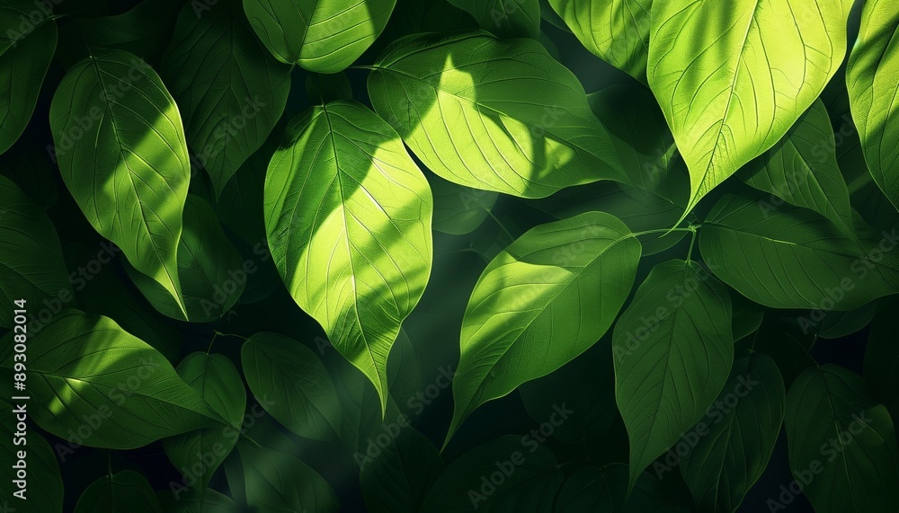 Fototapeta premium Green Leaves Abstract Design with Shadow and Light Effects, Nature-Inspired Decorative Art, Copy Space