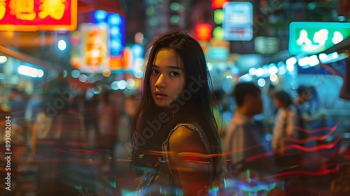 Night Portrait In Busy City Street With Neon Lights