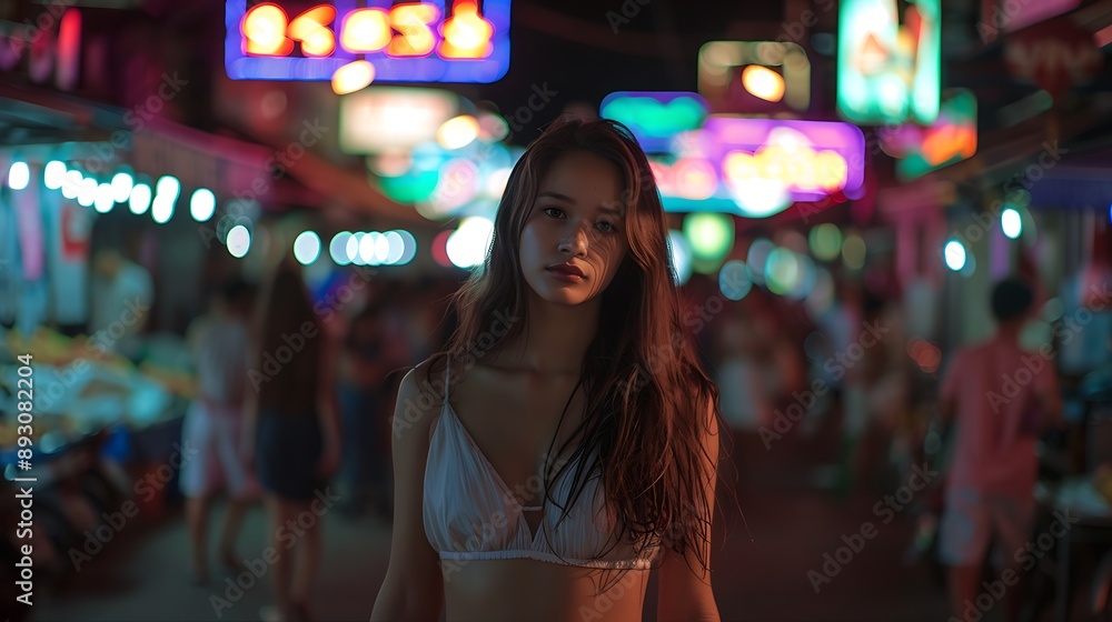 Fototapeta premium Young Woman In Bikini Top At Night Market With Neon Lights