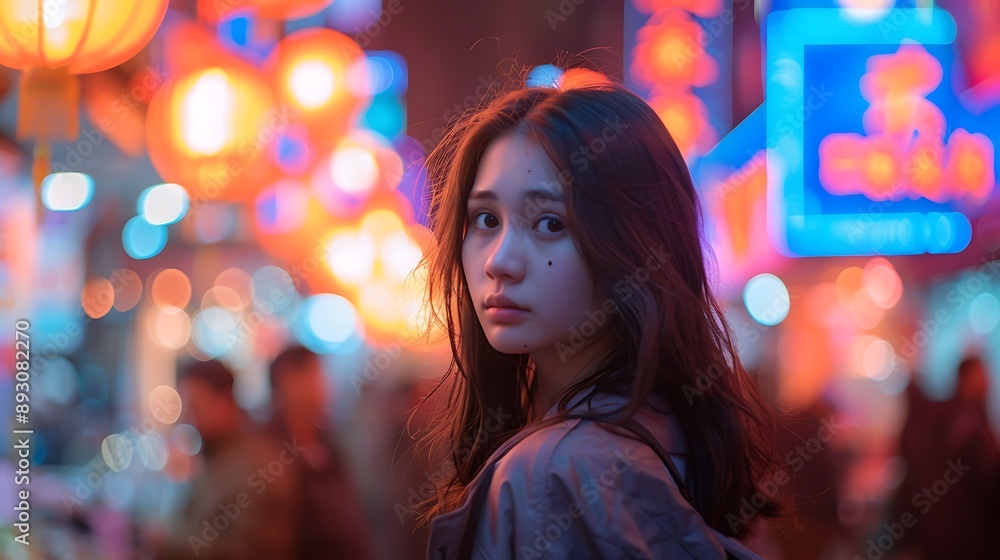 Candid Portrait of Woman in Vibrant Neon Street at Night Candid Portrait of Woman in Vibrant Neon Street at Night