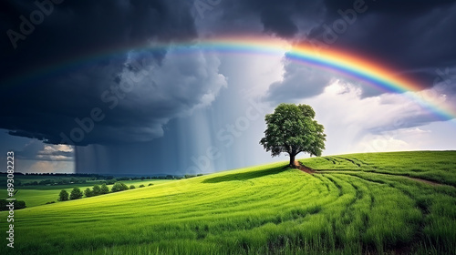 Rainbow Over Stormy Sky in Rural Landscape