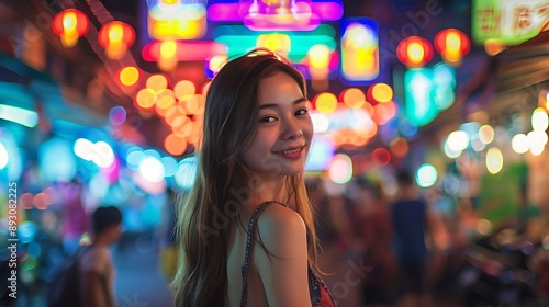 Woman Smiling In Vibrant Night Market With Colorful Lights