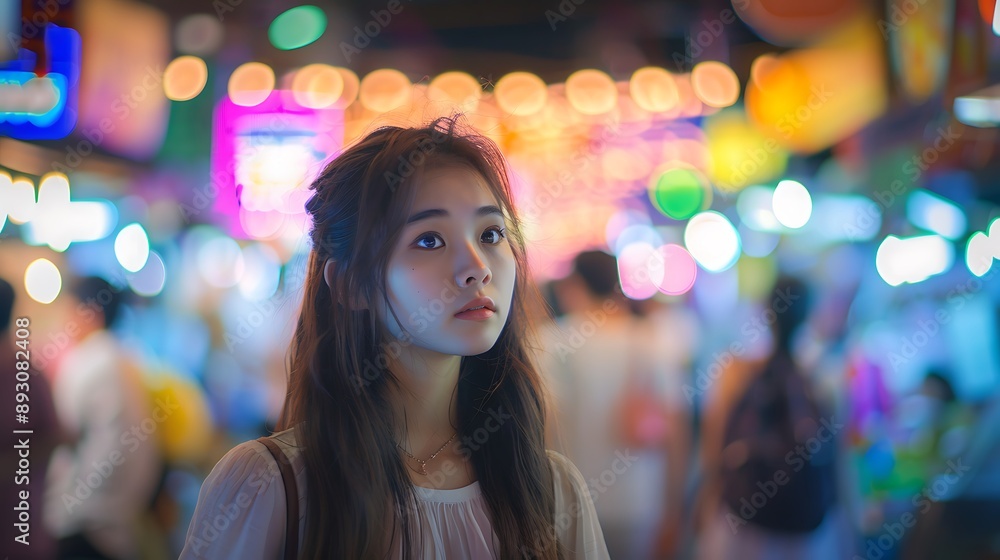 Portrait of a Young Woman with Bokeh Lights in Background Portrait of a Young Woman with Bokeh Lights in Background