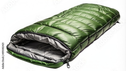 Isolated green sleeping bag with shiny metal zipper against a transparent background, showcasing camping gear for outdoor enthusiasts.