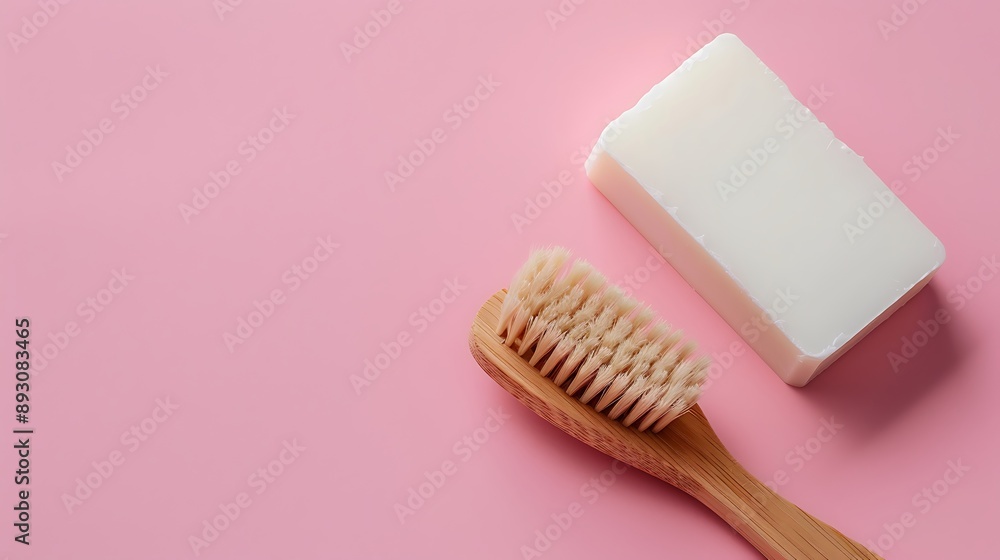White soap bar on wooden brush on pink background White soap bar on wooden brush on pink background