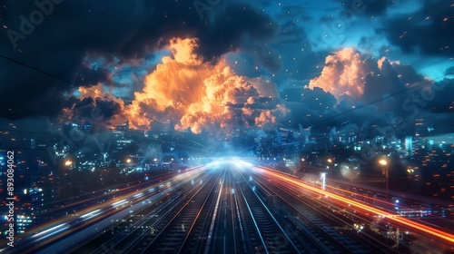 cloud computing with a speeding train on a city background