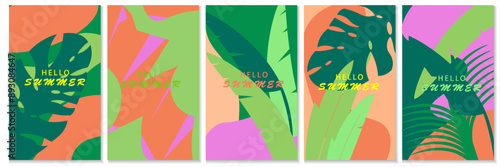 Creative concept of summer bright cards set with abstract tropical leaves. Modern art minimalist style design templates for celebration, ads, branding, banner, cover, label, poster, sales
