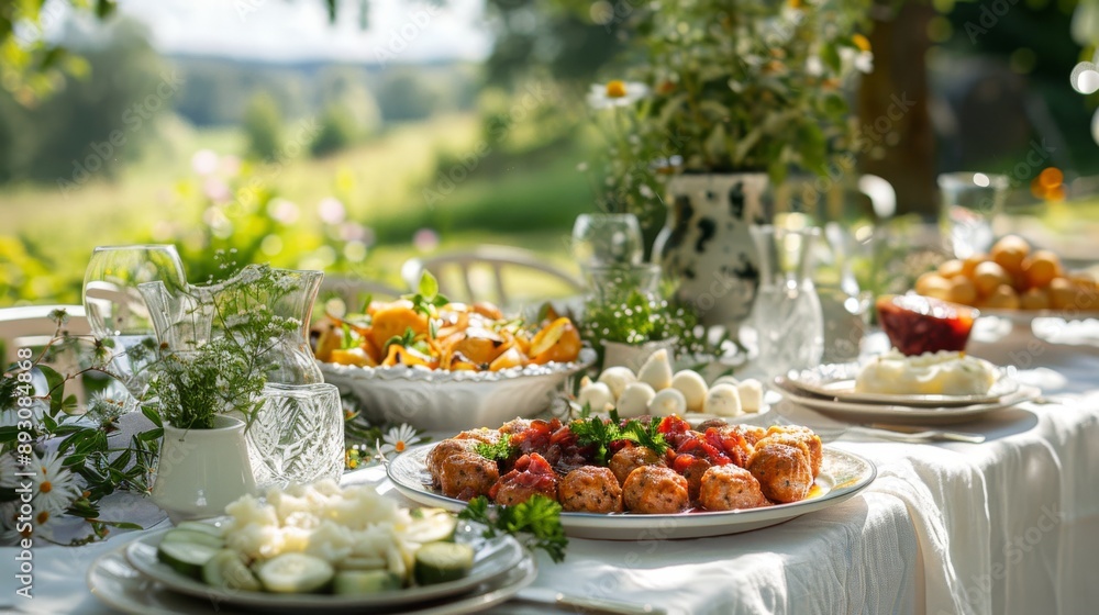 A Table Set With a Variety of Foods and Drinks for a Large Group of People - Generative AI A Table Set With a Variety of Foods and Drinks for a Large Group of People - Generative AI