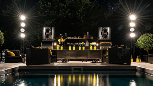 Modern poolside gathering featuring black sleek sofas, yellow drinks, elegant food stand, and a state-of-the-art silver sound system illuminated by large flash lights in the night photo