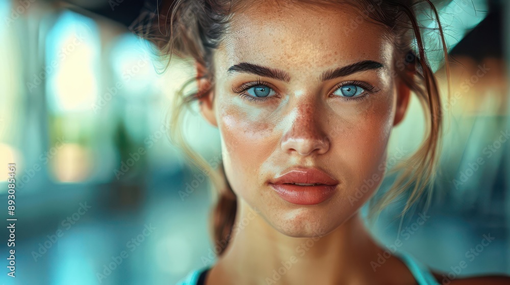 Close-up portrait of a young woman with blue eyes and a serious expression. Her hair is pulled back from her face, revealing her flawless skin. The image is soft and natural. Close-up portrait of a young woman with blue eyes and a serious expression. Her hair is pulled back from her face, revealing her flawless skin. The image is soft and natural.