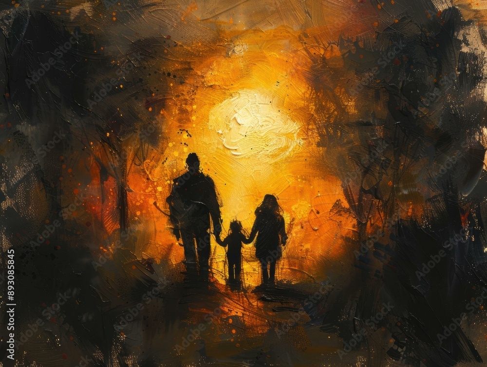 A family walks towards a bright light in a forest. AI. A family walks towards a bright light in a forest. AI.