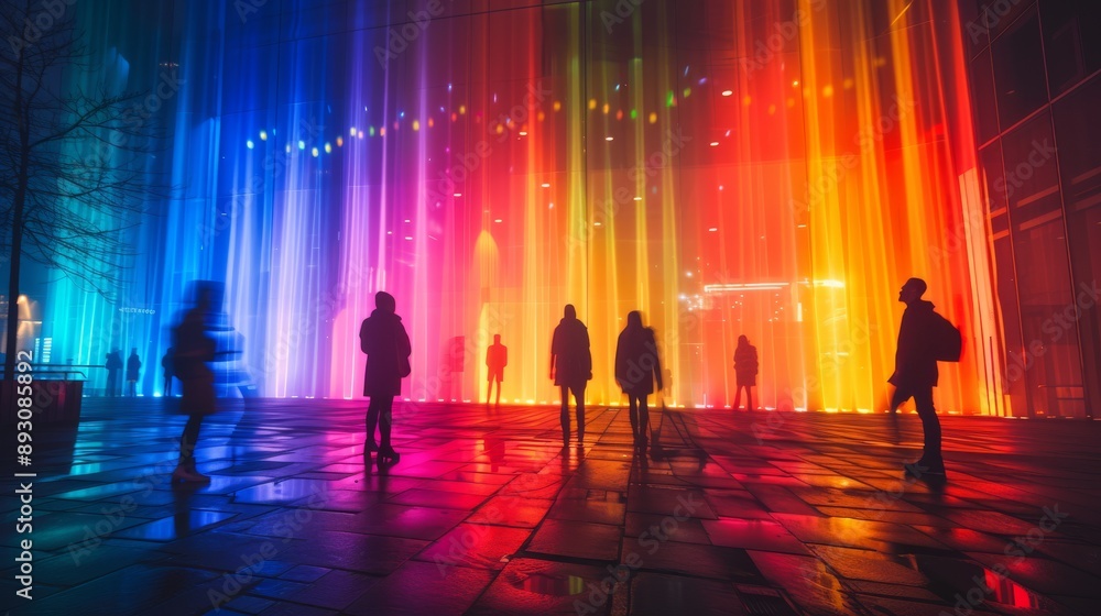 A Group of People Standing In Front of a Colorful Light Show on a Tiled Floor - Generative AI A Group of People Standing In Front of a Colorful Light Show on a Tiled Floor - Generative AI