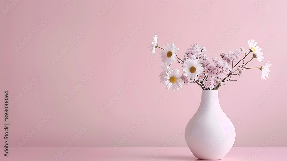 white vase with a branch of blooming white daisies on the table on soft pink background white vase with a branch of blooming white daisies on the table on soft pink background