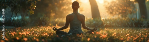 Silhouette of a woman meditating in a peaceful forest setting. photo