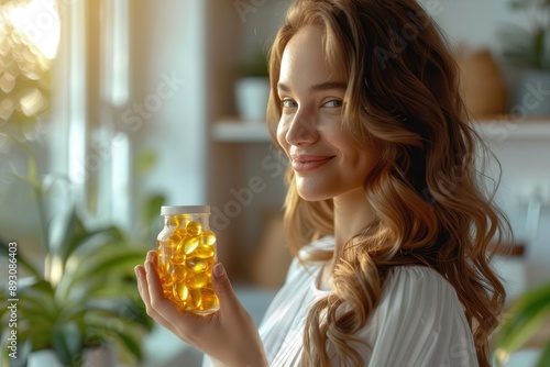 Smiling woman holding a bottle of pills, looking at the camera.  She has long wavy hair and is wearing a white shirt.  The photo is lit by natural light.