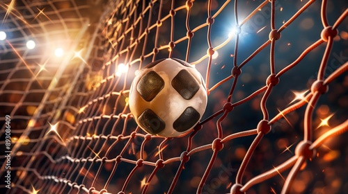 A soccer ball is stuck in a net. AI generarted. photo