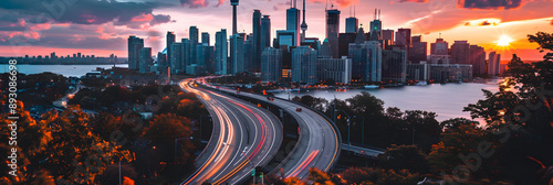 Cidade com horizonte e estradas sinuosas com carros photo