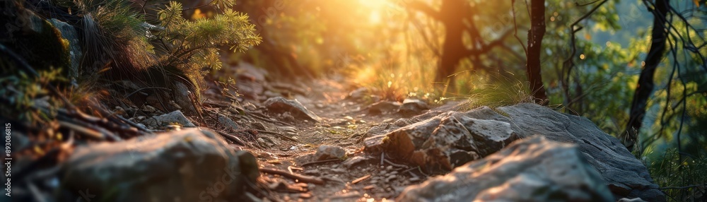 Sunlight streams through dense forest, illuminating a path through the trees. Sunlight streams through dense forest, illuminating a path through the trees.