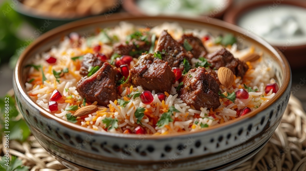 A Close up of a Bowl of Rice With Meat and Vegetables on Top of It - Generative AI A Close up of a Bowl of Rice With Meat and Vegetables on Top of It - Generative AI