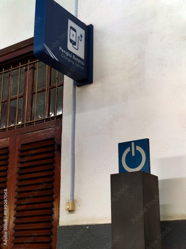 Naklejka premium Selective focus. Public facility. Battery charging station at Tegal, Indonesia.