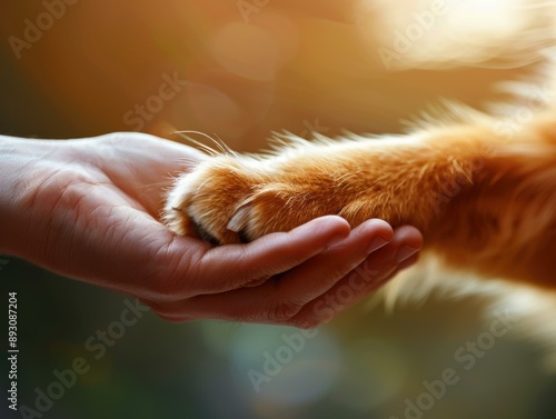 A paw in the hand, a symbol of friendship. AI.