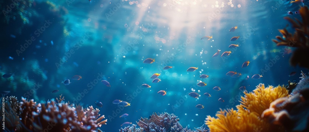 Ocean life beneath the waves close up, focus on, copy space Deep blue hues Double exposure silhouette with fish and coral Ocean life beneath the waves close up, focus on, copy space Deep blue hues Double exposure silhouette with fish and coral