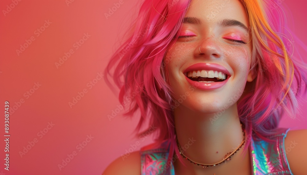 Joyful Individual with Colorful Pastel Hair and Bright Smile, Shiny Vest, Pink Background, Happiness and Positivity Joyful Individual with Colorful Pastel Hair and Bright Smile, Shiny Vest, Pink Background, Happiness and Positivity