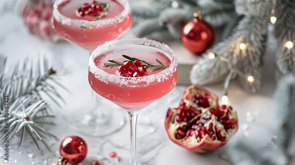 Winter holidays festive alcohol pink cocktails with peace of pomegranate in the marble table Winter holidays festive alcohol pink cocktails with peace of pomegranate in the marble table