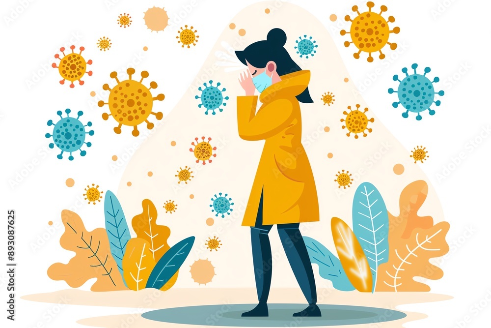 Illustration of a person sneezing with virus particles, Influenza, Transmission and spread Illustration of a person sneezing with virus particles, Influenza, Transmission and spread