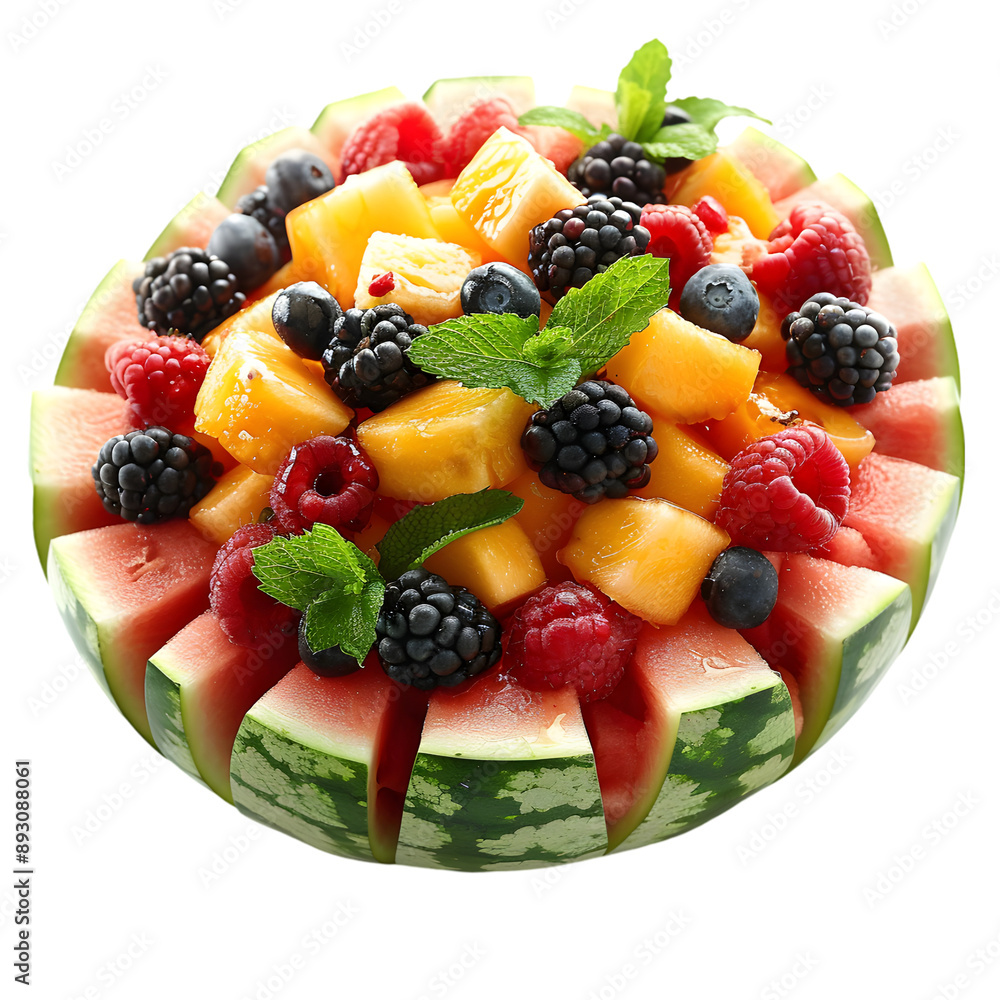 vibrant fruit salad served in a carved watermelon bowl, featuring a mix of melon, berries, and mint, isolated on a transparent background vibrant fruit salad served in a carved watermelon bowl, featuring a mix of melon, berries, and mint, isolated on a transparent background