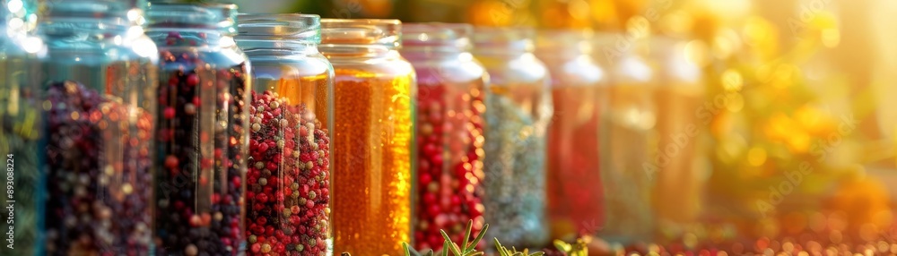 Recycled glass jars for storing ingredients close up, focus on, copy space Bright natural colors Double exposure silhouette with jars and spices Recycled glass jars for storing ingredients close up, focus on, copy space Bright natural colors Double exposure silhouette with jars and spices