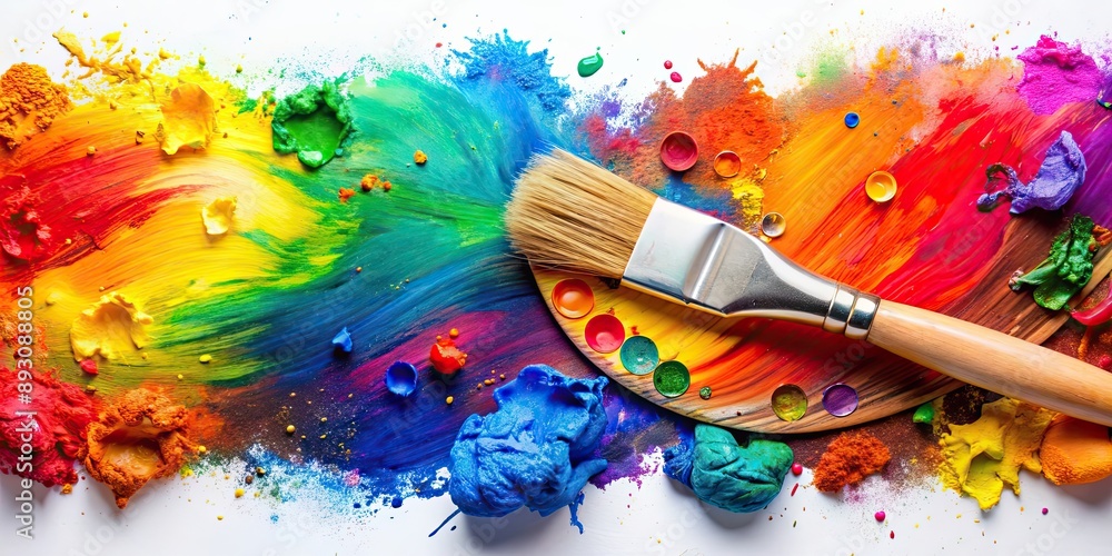 Fototapeta premium Paintbrush and palette with colorful splashes of paint for art and self-expression, art, creativity, painting