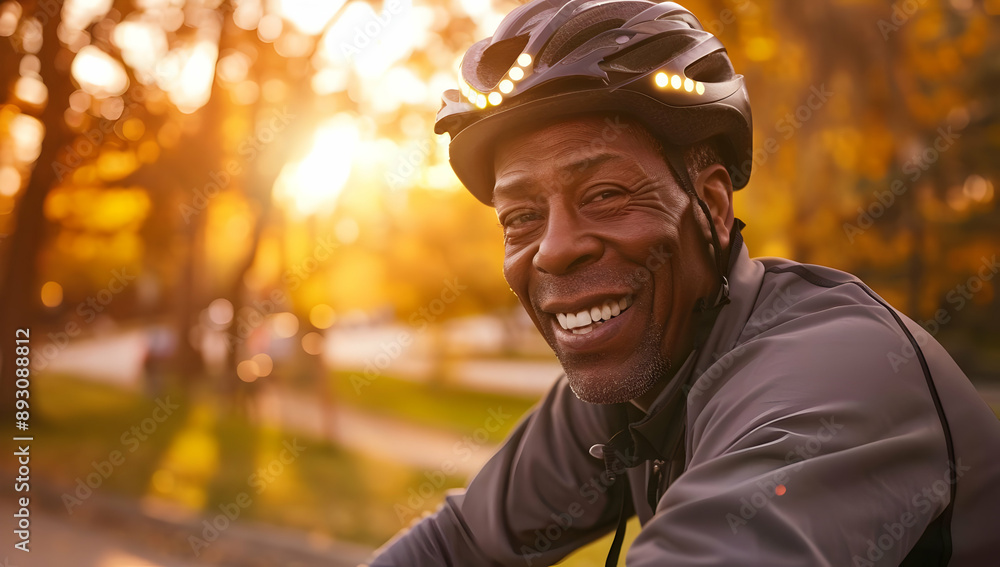 A man wearing a cycling helmet enjoying a bike ride during a sunset in a park, surrounded by autumn colors and warm light. A man wearing a cycling helmet enjoying a bike ride during a sunset in a park, surrounded by autumn colors and warm light.
