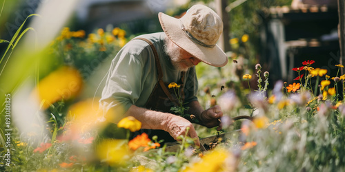 Elderly Gardener Tending to Flowers in Blooming Garden on a Sunny Day photo