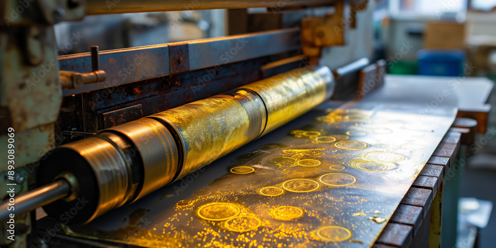 Industrial Printing Machine Producing Gold Foil Currency in Factory Setting Industrial Printing Machine Producing Gold Foil Currency in Factory Setting