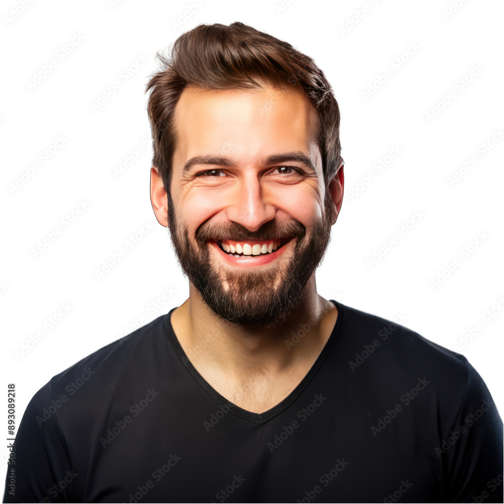 A man with a beard and a black shirt is smiling on transparent background A man with a beard and a black shirt is smiling on transparent background