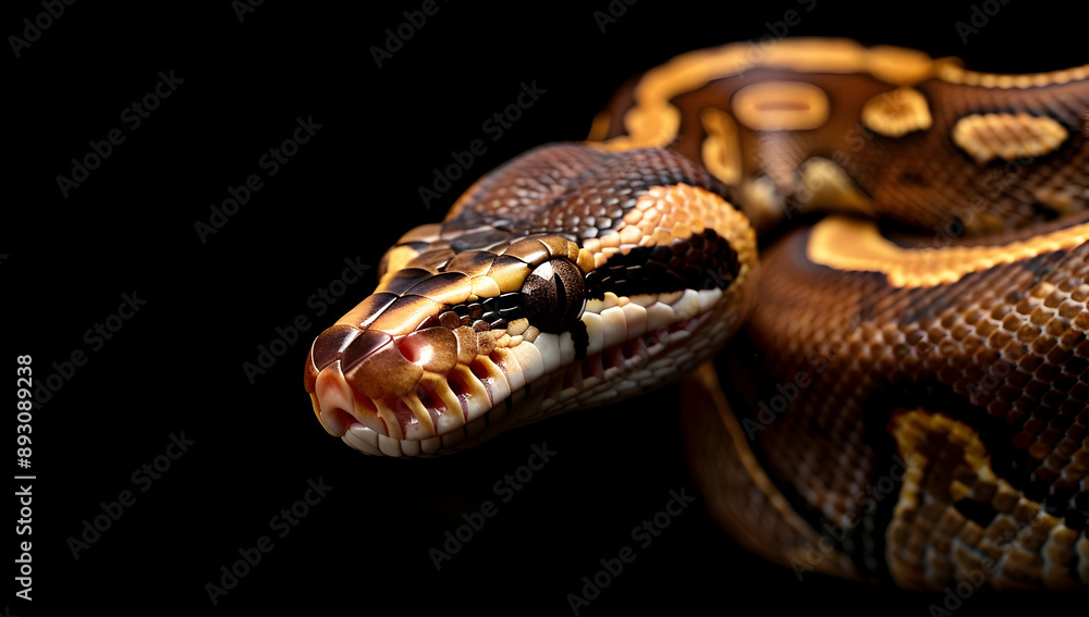 Close-up image of a patterned snake with detailed scales and vibrant colors against a black background. Close-up image of a patterned snake with detailed scales and vibrant colors against a black background.