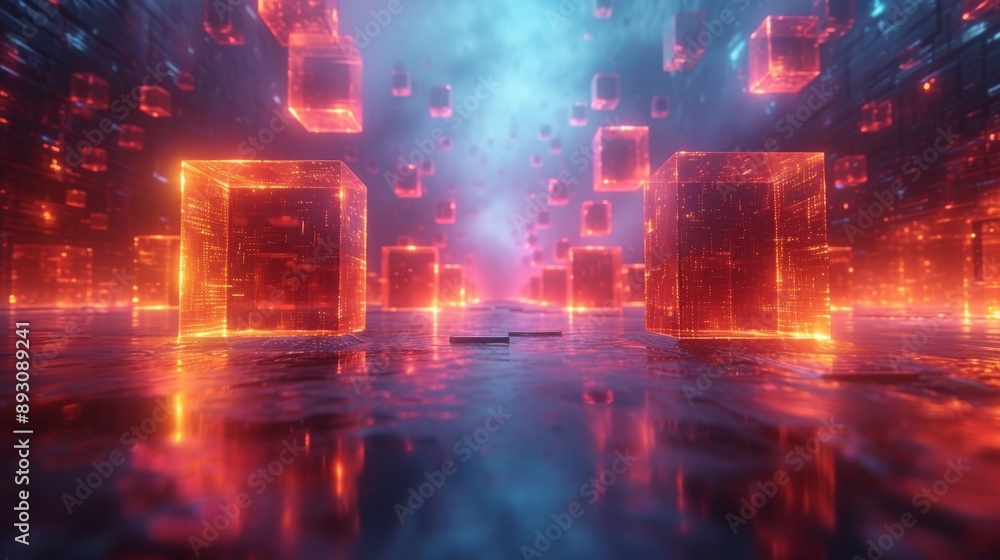 An Abstract Image of a Room Full of Glowing Cubes With Fire Coming Out of Them - Generative AI An Abstract Image of a Room Full of Glowing Cubes With Fire Coming Out of Them - Generative AI