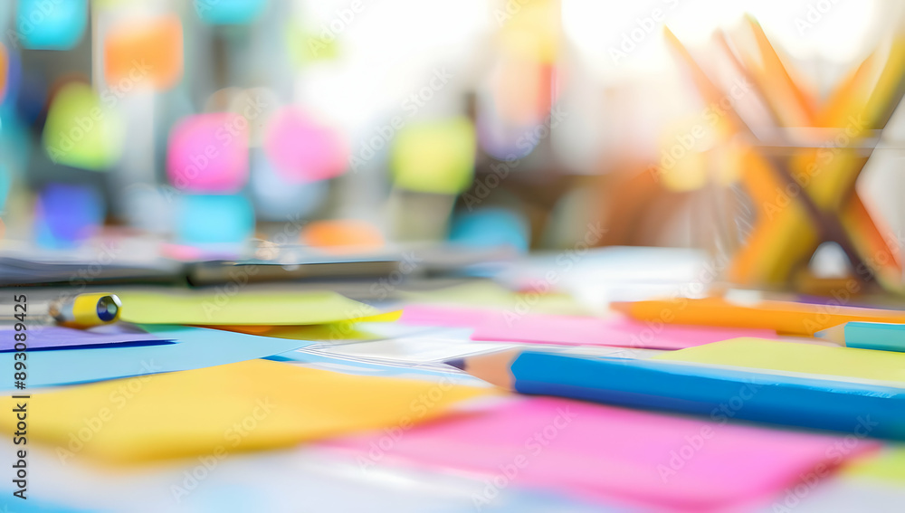 Colorful sticky notes and office supplies on a desk, creating an organized and creative workspace with vibrant stationery and pens.