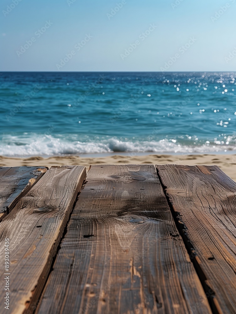 Wooden Plank Tabletop Overlooking Ocean Beach Wooden Plank Tabletop Overlooking Ocean Beach