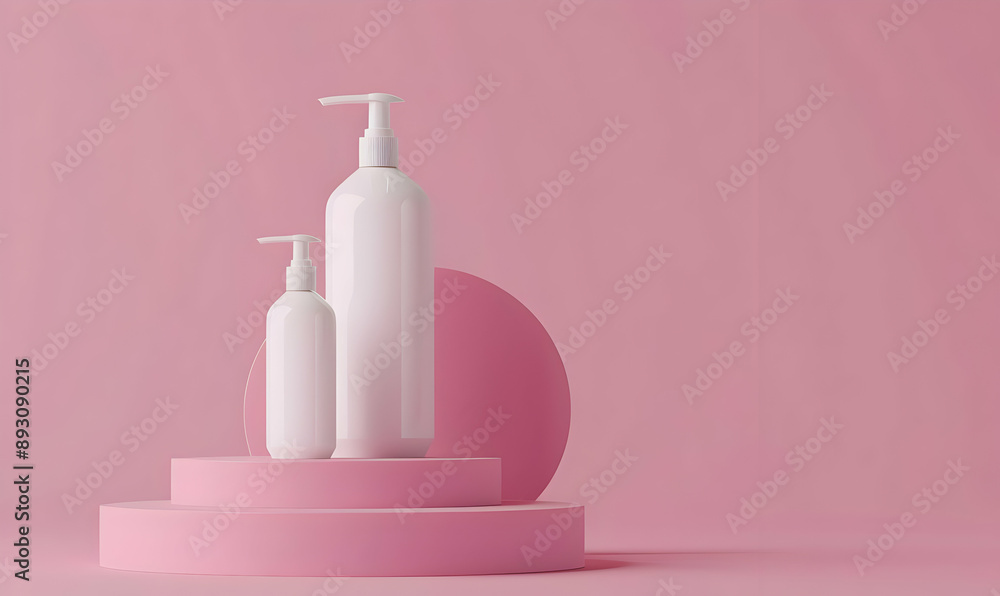 Minimalist skincare product display with pink background, featuring two white lotion bottles on geometric shapes. Minimalist skincare product display with pink background, featuring two white lotion bottles on geometric shapes.