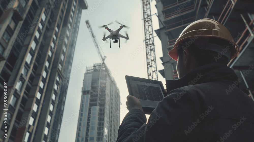 A construction worker in a hard hat using a drone to inspect a high-rise construction site. The scene includes the drone flying above and the worker watching a tablet screen A construction worker in a hard hat using a drone to inspect a high-rise construction site. The scene includes the drone flying above and the worker watching a tablet screen