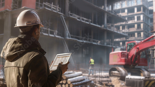 A construction manager wearing a hard hat and holding a, overseeing the progress of a building site. The area is lively with construction workers and heavy equipment